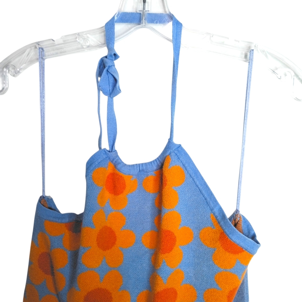 Baevely -Blue Daisy Halter Dress with Orange Floral Pattern - L - Picture 2 of 6